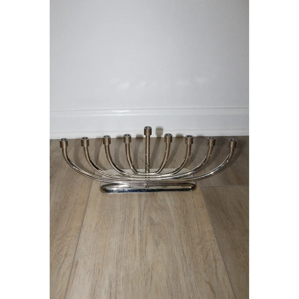 Crate & Barrel Modern Nickel Menorah 495-816 Silver Hanukkah Candelabra 13.5in
